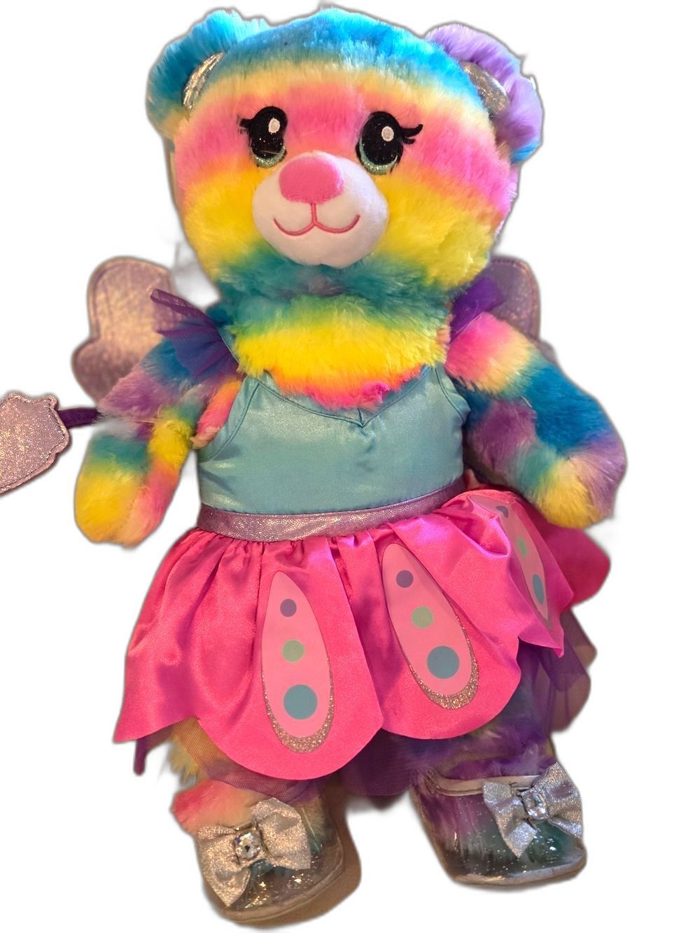 Build-A-Bear Rainbow Teddy w/ Frozen Song Sound Box + Fairy Outfit Bundle